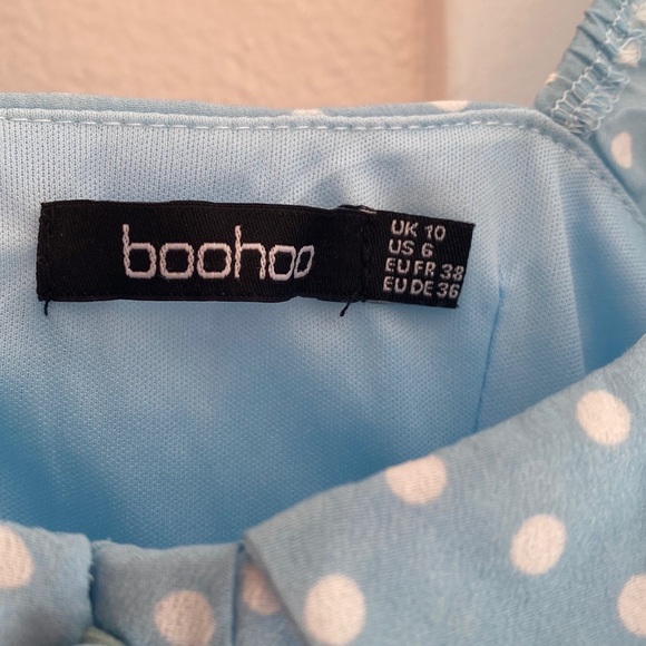 BOOHOO PUFF SLEEVE BUSTIER RUFFLE HEM POLKA DOT MIDI dress - Picture 7 of 8